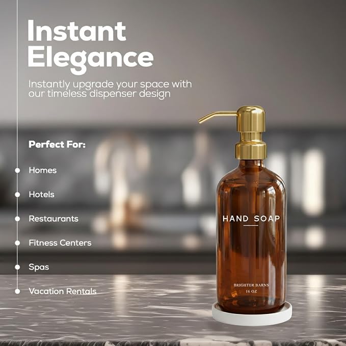 Luxury Glass Hand Soap Dispenser Bathroom Set by Brighter Barns - Refillable Liquid Hand Soap Dispenser Set for Kitchen - Gold Bathroom Decor and Accessories for Airbnb, Spa, Hotel, Gifts (Amber/Gold)