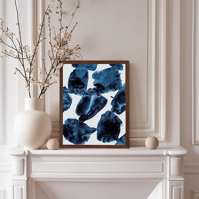 Monem Art Blue Abstract Watercolor Texture Print - Minimalist Modern Art Poster - Wall Decor for Living Room, Bedroom or Office - 12x16 Brown Framed Wall Art by Mareike Bohmer