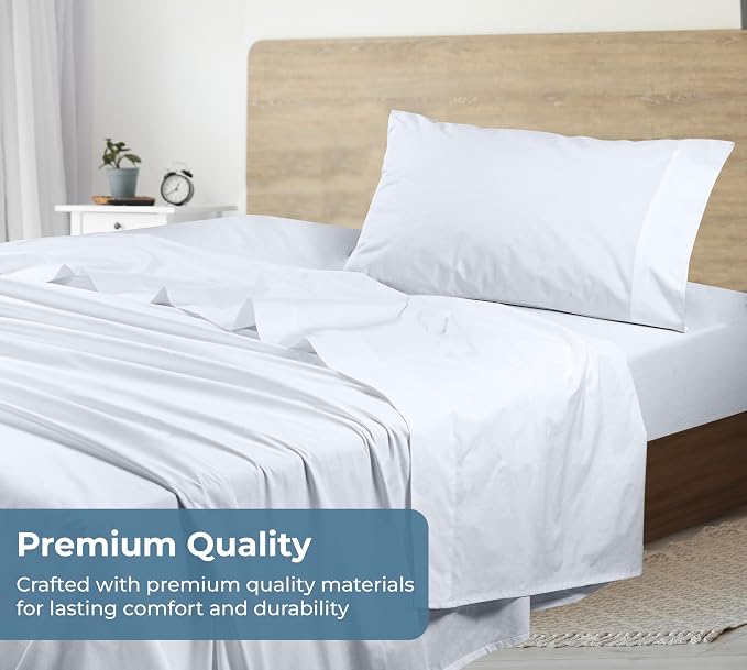 ROYALE LINENS 100% Organic Cotton Twin Sheet Set - Percale Weave - 3 Pieces Set - 1 Flat, 1 Deep Pocket Fitted Sheet and 1 Pillowcases - White Bed Sheets - Sábanas Twin - Crisp Cool (White)