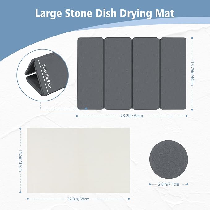 Large Stone Drying Mats for Kitchen Counter, Quick Dry Stone Dish Drying Mat 24"(L)×16"(W), Foldable Absorbent Diatomaceous Pad for Dish Rack, Plates, Cups, Pans