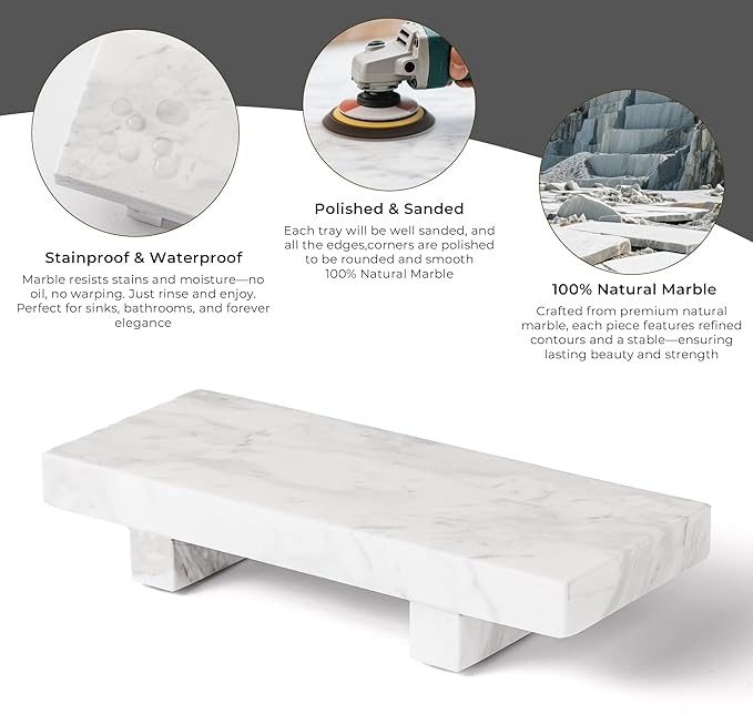 Marble Soap Tray for Bathroom Kitchen Countertop 8.6" x 3.6" Waterproof Soap Dish Holder, Stone Pedestal Stand for Sink, Vanity, Counter Luxury Decorative Tray Farmhouse Decor White (WH088)