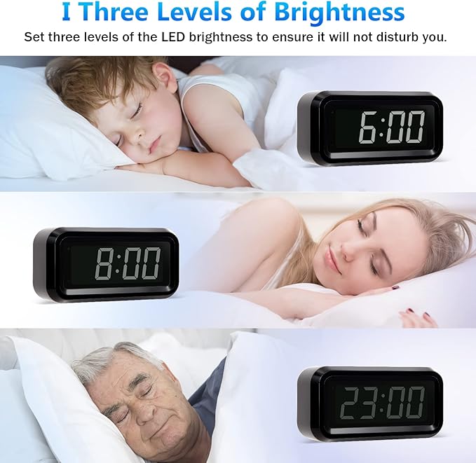 Digital Alarm Clock Battery Operated with LED Display for Bedrooms, Long Battery Life for 12 Months, 3 Brightness Adjustable, 12/24 Hour, Snooze, Black Case with White Digits