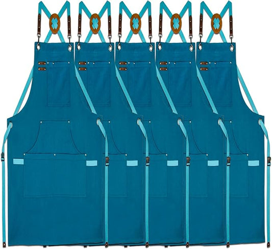 5 Pack Kitchen Apron, Work Apron, Canvas, Multiple Pockets, Gardening, Painting, BBQ, Artist, Carpenter, Sizes M to XXL, Blue