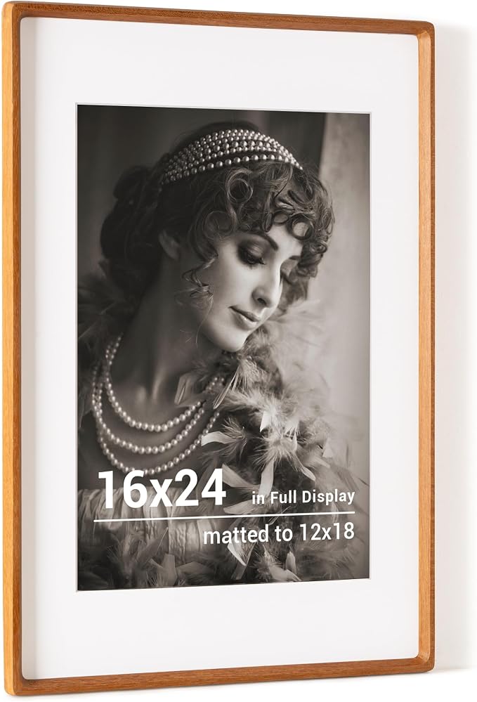 16x24 Poster Frame, USA-Sourced Teak Wood Picture Frame with HD Tempered Glass, Handcrafted Rounded Corner 16 x 24 Wooden Frames Matted to 12x18 Photos, Horizontal or Vertical Wall Display