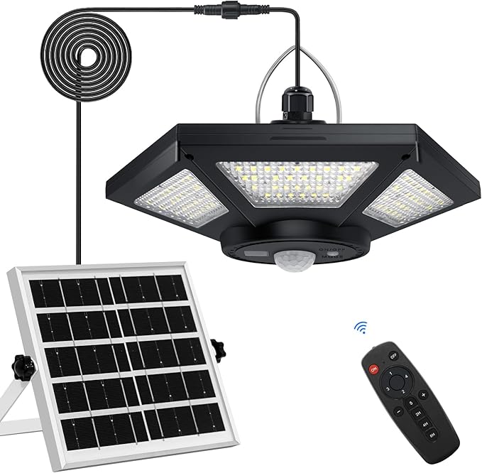 Solar Shed Light Indoor Outdoor Solar Powered Pandent Daytime Work Lights with 5 Lighting Modes & 3 Timers, 180LED Solar Indoor Lights Motion Sensor with Remote Control for Shed Barn Garage