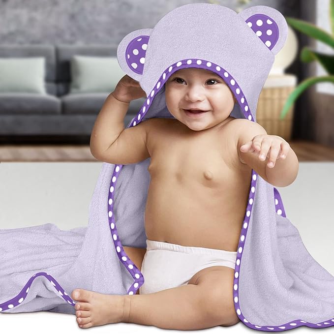 Set of 2 Hooded Baby Towels – White and Purple – Luxurious, Large and Super Absorbent – 35 x 35 Inch – Soft and Suitable for Infants, Toddlers and Kids – 400 GSM