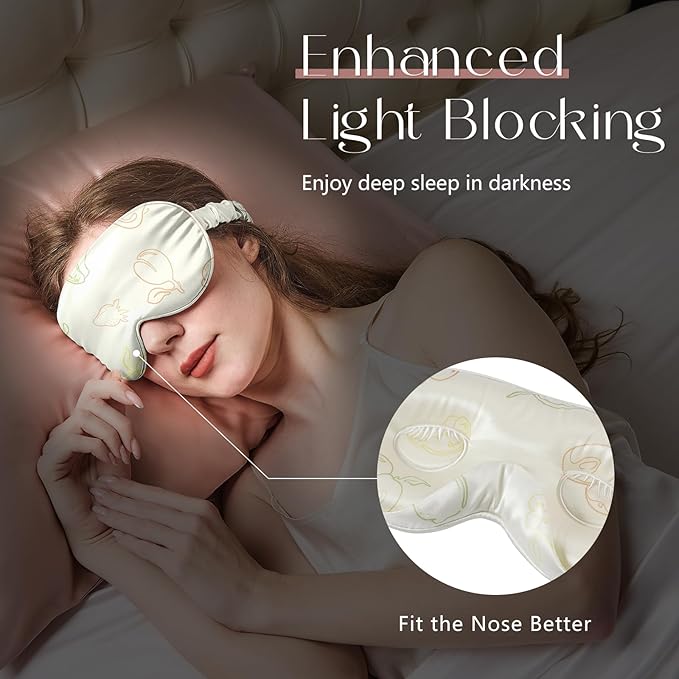 ZIMASILK Adjustable 22 Momme 100% Mulberry Silk Sleep Mask, Upgraded 3D Contoured Cup Eye Mask for Sleeping, Super Soft & Breathable Blindfold, Blackout for Deep Sleeping (Ivory - Fruit Line Art)