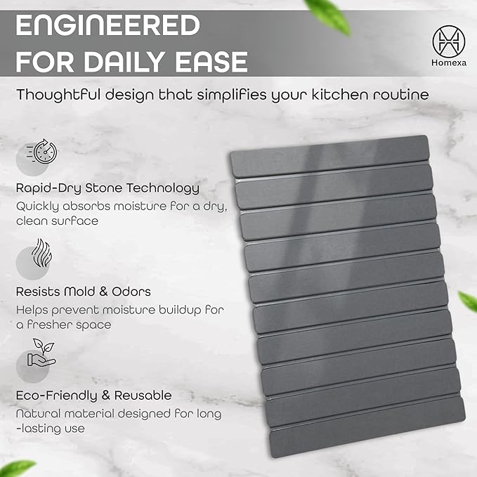 Stone Dish Drying Mat 24" x 16" – Dish Drying Stone Mat – Large Diatomaceous Earth Drying Mat with Non-Slip Base – Quick Dry Kitchen Drying Pad for Dishes, Glassware & Bottles (Solid Dark Grey)