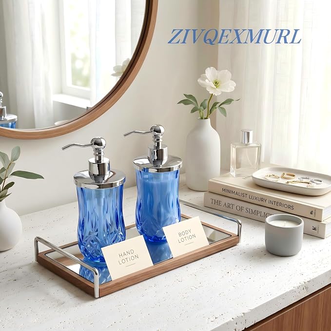 2 Pack 9 Oz Glass Soap Dispenser with Stainless Steel Pump, Blue Round Textured Refillable Soap Dispenser with Vertical Fluting for Lotion, Hand Soap, Body Wash, Kitchen Bathroom Counter Organizer