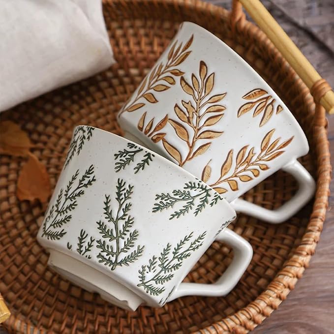 Ceramic Mug Set of 4, 11oz - Vintage Mug Cups for Coffee Milk Latte Cappuccino Tea, Porcelain Coffee Cups Set Gifts for Women Man, Farmhouse Handmade Stoneware Cups Dishwasher Microwave Safe