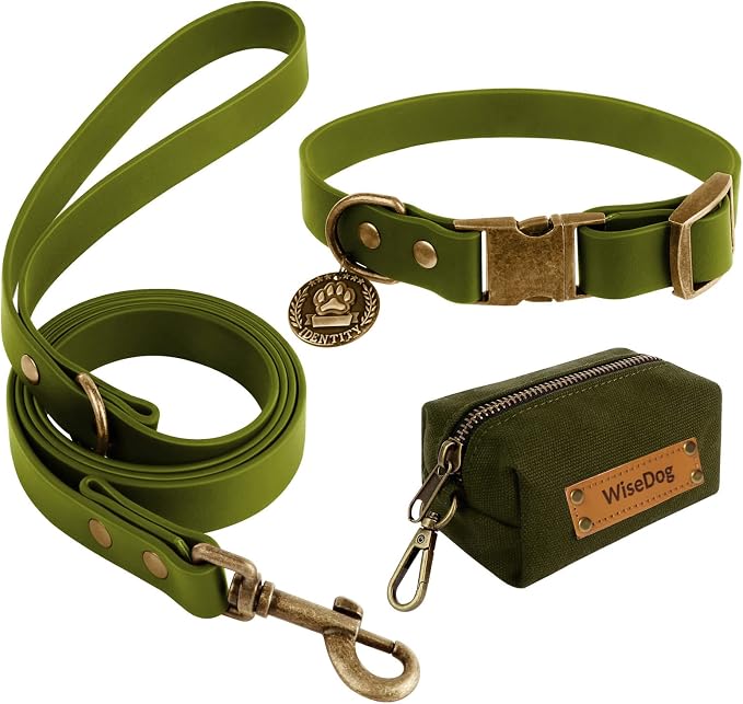 Wisedog Waterproof Dog Collar and Leash Set, M, Green | Adjustable Puppy Collar, Cute Tag, 5FT Leash, Includes Poop Bag, For Small Medium Large Dogs