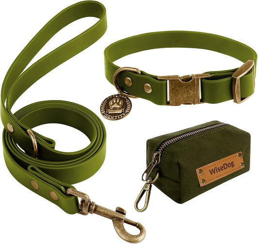 Wisedog Waterproof Dog Collar and Leash Set, M, Green | Adjustable Puppy Collar, Cute Tag, 5FT Leash, Includes Poop Bag, For Small Medium Large Dogs