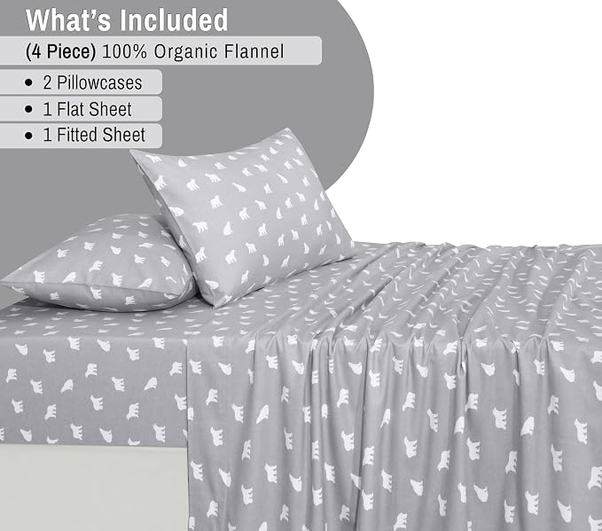 RUVANTI Flannel Sheets Queen Size - GOTS Certified 100% Organic Cotton, 4 Piece Warm, Soft & Breathable Set, Deep Pocket Snug Fit, Double Brushed Cozy All Season Bedding, Baby Bear