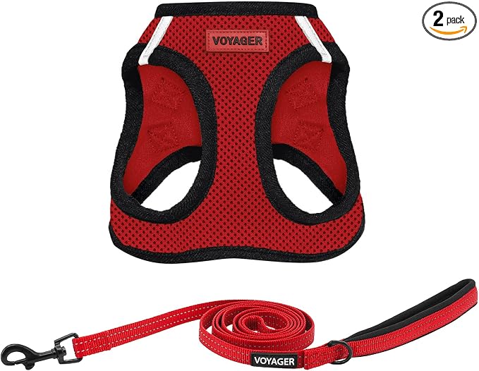 Best Pet Supplies Voyager Step-in Air All Weather Mesh Harness and Reflective Dog 5ft Leash Combo with Neoprene Handle, for Small, Medium and Large Breed Puppies - Red/Black Trim, Large