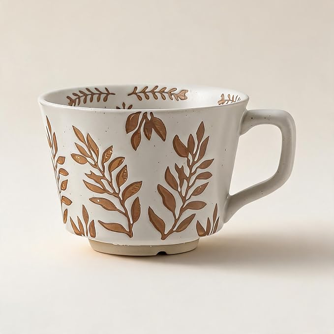 4 Pack 12oz Embossed Leaf Ceramic Coffee Mugs, Vintage Speckled Stoneware Tea Cups, Rustic Brown Spring Leaf Large Drinking Mugs, Microwave & Dishwasher Safe, Farmhouse Kitchen Decor, Gift Set