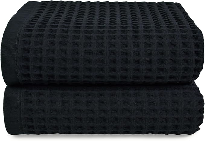 Jacquotha Waffle Bath Towel Set of 2 (Black) - Cotton, Thin, Low Lint, 31” x 62” Soft Bath Towels for Bathroom, Shower, Pool & Beach