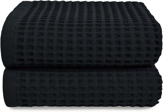 Jacquotha Waffle Bath Towel Set of 2 (Black) - Cotton, Thin, Low Lint, 31” x 62” Soft Bath Towels for Bathroom, Shower, Pool & Beach