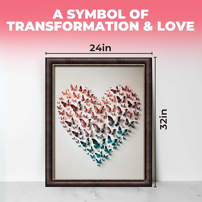 InkFlow Posters Butterfly Heart Poster - 3D Paper Butterflies in Pink, Blue, and Teal - Abstract Love Art for Bedroom, Living Room, Home - 24x32 Unframed Canvas Print