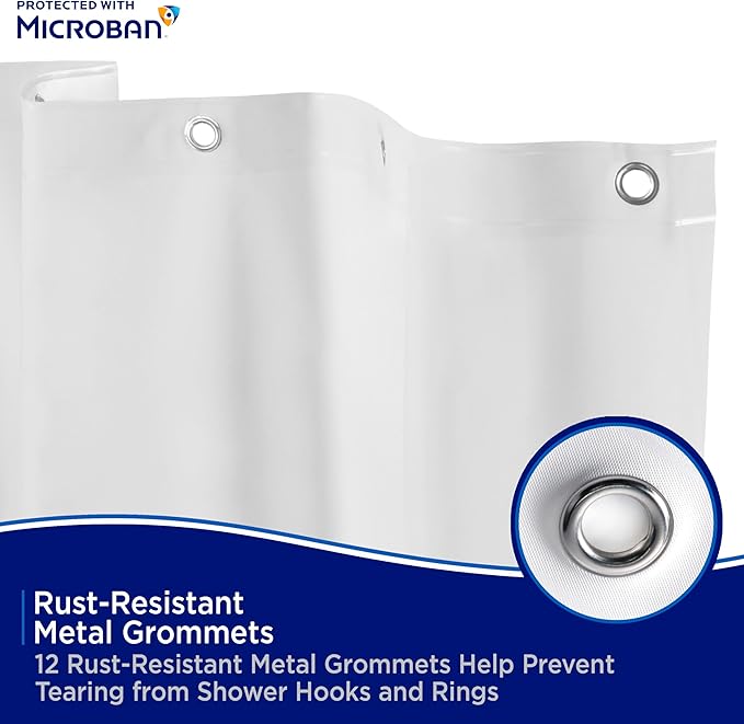 Kenney - Microban PEVA Shower Curtain Liner, Waterproof Medium-Weight 4.8 Gauge Design with Rust-Resistant Metal Grommets and Weighted Magnetic Hem, 70" x 72", Frosted