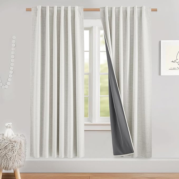 NICETOWN 100% Blackout Linen Curtains for Bedroom, Thick Insulated Rod Pocket & Back Tab Full Light Blocking Draperies with Gray Liner for Night Shift Workers (Set of 2, 52 by 78-inch, Alabaster Gray)