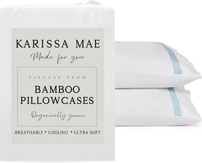 KARISSA MAE Pure Viscose from Bamboo Queen Size Pillowcase Set | 100% FSC Certified | Luxuriously Soft | Cooling | [Signature Frame Coastal Blue]