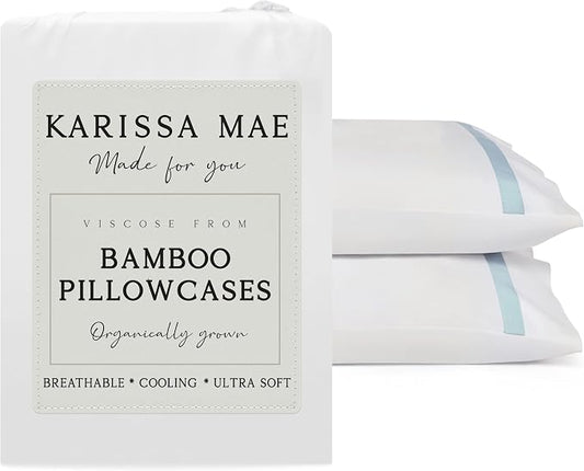 KARISSA MAE Pure Viscose from Bamboo Queen Size Pillowcase Set | 100% FSC Certified | Luxuriously Soft | Cooling | [Signature Frame Coastal Blue]