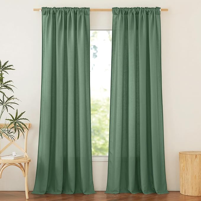 NICETOWN Olive Green Linen Curtains for Living Room, Rod Pocket & Back Tab Linen Blend Privacy Added Light Filtering Not See Through Window Treatments for Bedroom, W55 x L95, 2 Panels