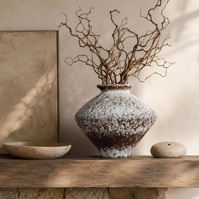 Wabi Sabi Rusty Vintage Vase, 11.4" Tall Wabi Sabi Decor Rustic Farmhouse Pottery Vase for Centerpiece, Textured Pottery Flower Vases for Home Decorative, Table, Living Room (Rusty White, Large)