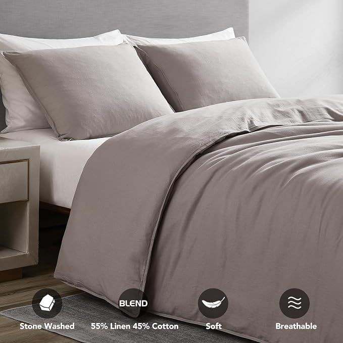 DAPU Linen Duvet Cover Set - French Linen Cotton Blend Natural Flax Soft Breathable Bedding 3 Pcs Set - 1 Duvet Cover 2 Pillowcases (Gray, King)