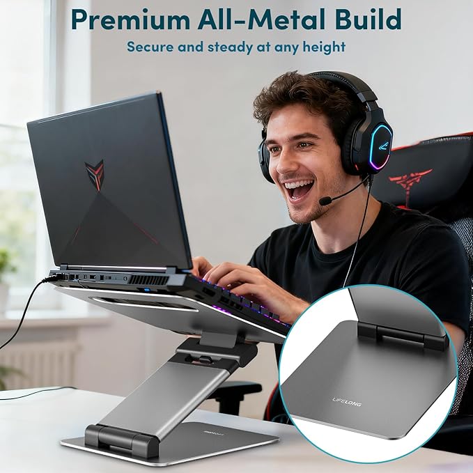 Lifelong Aluminum Adjustable Laptop Stand, Extra Tall 20" Riser, Grey | Ergonomic Portable Foldable Computer Stand, Fits 10-17” Laptops for Office Meetings, Teamwork & Desk Setup