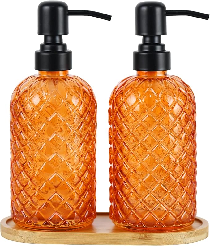 12Oz Glass Soap Dispenser with 304 Black Rustproof Stainless-Steel Pump, Refillable Glass Soap Dispenser for Kitchen, Bathroom, Farmhouse (2pack& Tray)