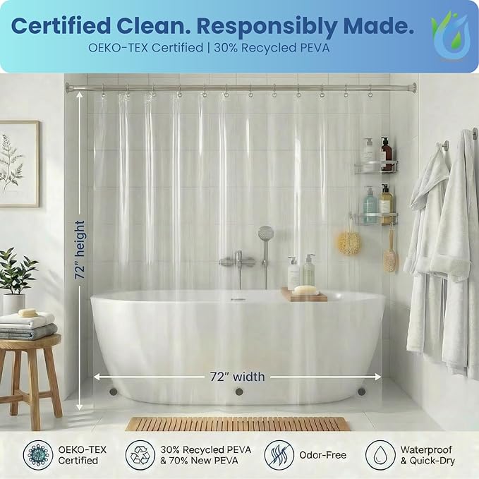 SUSTAINAURA® Premium Clear Shower Curtain Liner 72x72 – Waterproof, Quick Dry, Odor Free, Eco Friendly, Non-Toxic with 3 Weighted Magnets & 12 Rustproof Grommets Bathroom Accessories