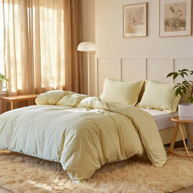 Simple&Opulence French Linen Duvet Cover Set - King Size(104"x 92")- 3 Pieces (1 Comforter Cover,2 Pillowcases)-Natural Flax Cotton Blend-Solid Color Breathable Farmhouse Bedding-Pale Yellow
