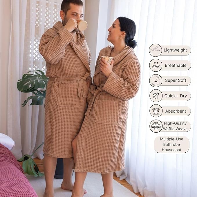 100% Turkish Cotton Men's Waffle Robe with Hooded, Premium Soft Cozy Housecoat or Quick-Dry Bathrobe for Mens