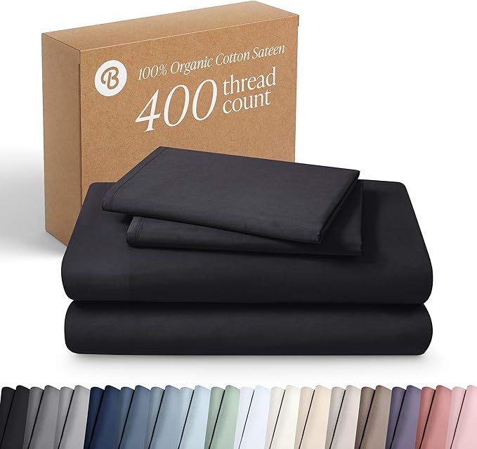 Bare Home 100% Organic Cotton Twin Sheet Set - 400 Thread Count - Smooth Sateen Weave - Breathable & Cooling - Hotel Luxury Set - Deep Pocket Bed Sheets (Twin XL, Black)