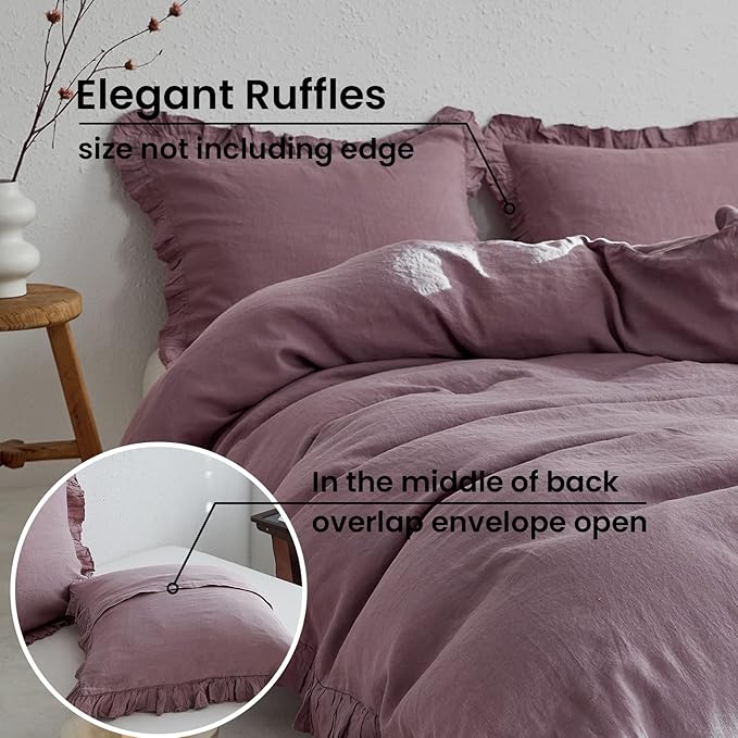100% French Linen Euro Shams with Ruffles - Set of 2 - Washed Solid Color Natural Flax Soft Breathable Pillow Covers - Purple, 26'' x 26''