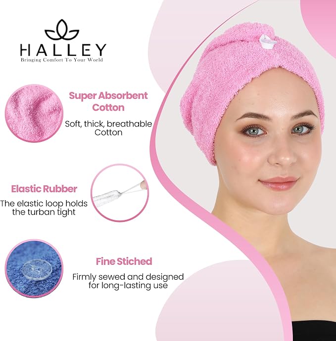 HALLEY Cotton Hair Towel Wrap (3 Packs) Super Absorbent Fast Drying Hair Towel for Thick Hair Turbans for Wet Hair with Button (Pink, Blue, White)