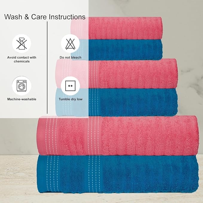 CASA COPENHAGEN Elegance 6Pcs 100% Egyptian Cotton Large Designer Towels Gift Set- Cyan-Pink, 550GSM, 2Bath 2Hand 2Washcloths, Bath Towels for Bathroom Set for Women & Men