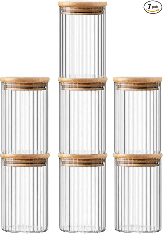 Glass Storage Jars with Lids - Clear Glass Overnight Oats Jar - Tea Coffee Sugar Canisters - Round Food Storage Containers with Bamboo Lids - Stackable Spice Jars