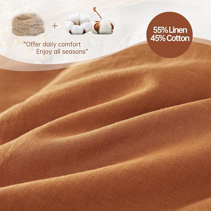 Simple&Opulence French Linen Duvet Cover Set 78" x 86"- 3 Pieces (1 Comforter Cover,2 Pillowcases)- Natural Flax Cotton Blend-Solid Color Breathable Farmhouse Bedding-Rust, Full