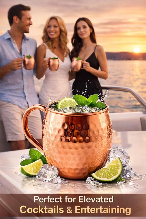 BOLD & DIVINE Moscow Mule Copper Mugs - Set of 2, 100% HANDCRAFTED - Food Safe Pure Copper Solid Mugs - 16 oz Gift Set with Premium Quality Cocktail Straws & Shot Glass!