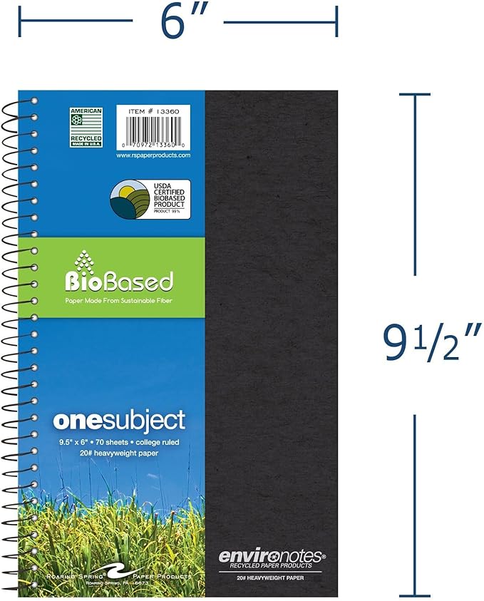 Roaring Spring Environotes Recycled Notebook, 70 Sheets, 9.5" x 6", College Ruled, 1 Subject Notebook, Assorted Earthtone Cover Colors