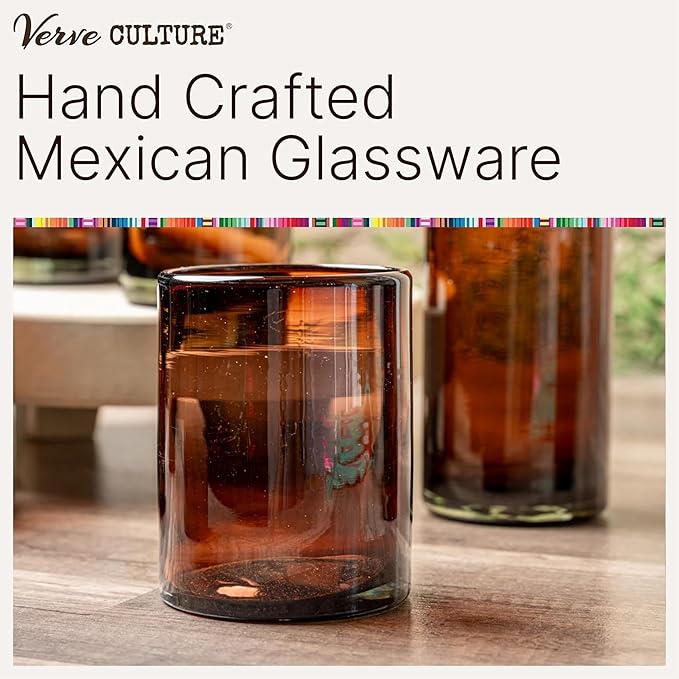 Verve CULTURE Mexican Hand Blown Drinking Glasses, Unique Handmade Glassware, Short Tamarind Glass Cups for Cocktails, Juice, Mixed Drinks, Elegant Tabletop Drinkware, Set of 4, 13oz. Each