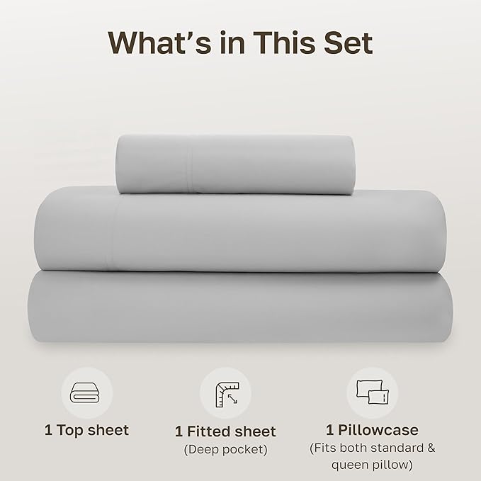 California Design Den Twin XL Sheet Sets - Soft 100% Organic Cotton Sheets with Deep Pockets, Crisp Percale, Breathable and Durable Bedding Set, Dorm Essentials for Guys - Light Grey