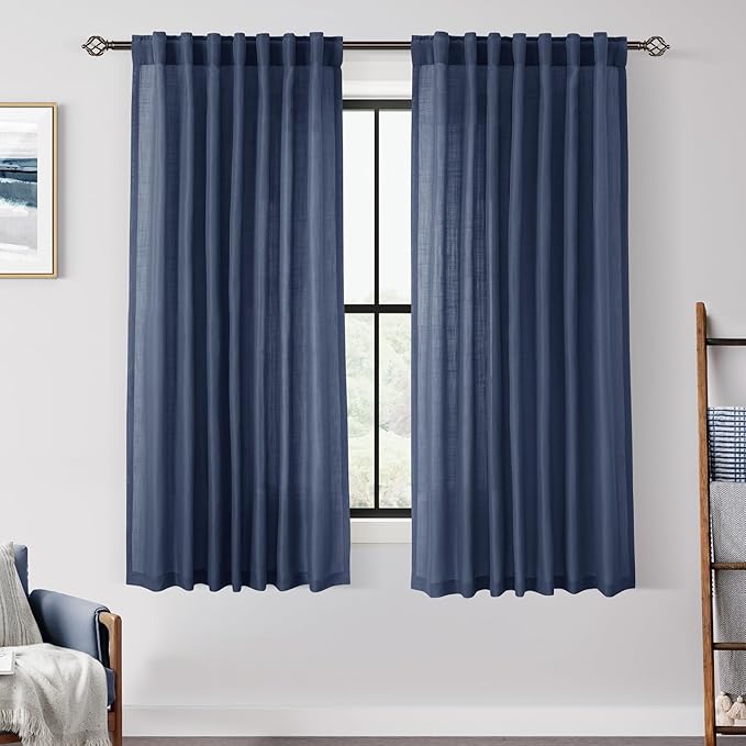 Navy Blue Curtains 54 inch Length for Bedroom Back Tab Light Filtering Semi Sheer Blue Living Room Curtains Linen Cotton Textured Indigo Blue Drapery Panel Modern Farmhouse Aesthetic Decor Dark Blue