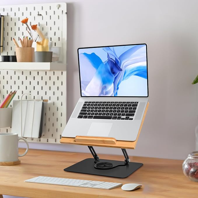 wishacc Premium Wooden & Metal Laptop Stand for Desk, Ergonomic Adjustable Computer Riser with Heat Dissipation, Foldable Portable Laptop Holder Compatible with MacBook Air Pro 10-17" Laptops