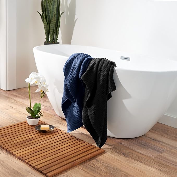 UCHINO Waffle Twist Cotton Weave Towel Set for Bathroom – 2 Bath, 2 Hand, 2 Washcloths, Lightweight Absorbent Quick Dry Honeycomb Texture Solid Terry Loop Reverse, 6 Piece, Indigo