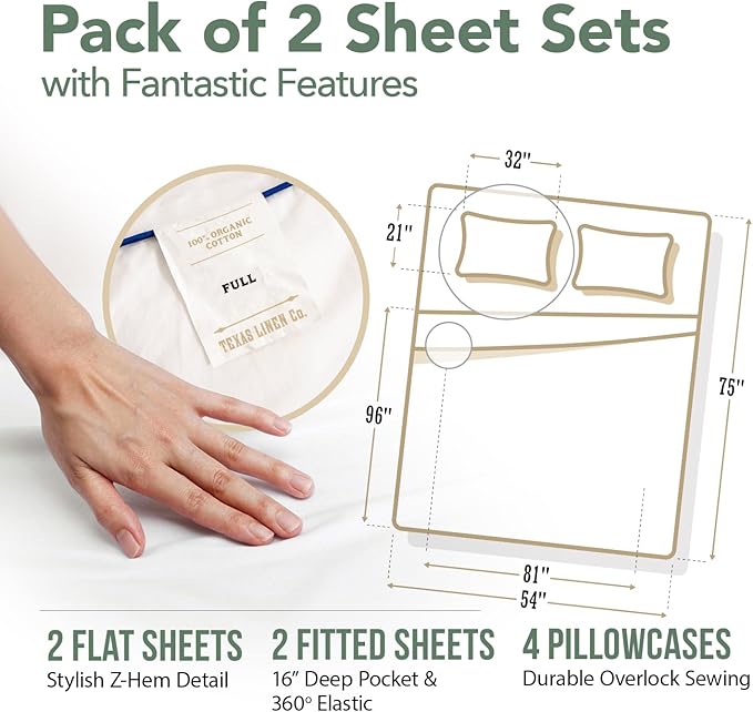 TEXAS LINEN CO. 2-Pack 100% Organic Cotton Full Size Sheet Sets - 2 Sets of Full Size Percale Weave Organic Cotton Sheets, Soft, Breathable & Cooling Deep Pocket Hotel Bed Sheet Set (8 PC, Ivory)