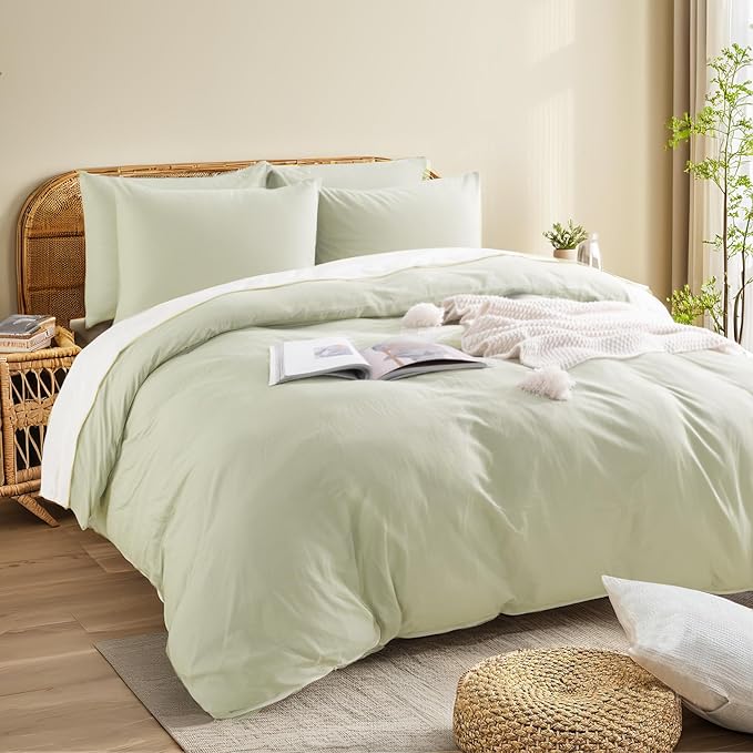 NEXHOME PRO Duvet Cover Set California King Linen Feel Textured Organic Natural 100% Washed Cotton Duvet Cover 3 Pieces Bedding Set Zipper Closure, Breathable, Soft, Mint Green (No Comforter)