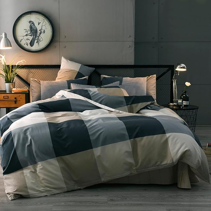 mixinni Full Size Checkered Duvet Cover Set - 3 Piece Grey Geometric Cotton Bedding Set with Zipper Closure & Corner Ties, 100% Washed Cotton Soft Breathable Duvet Cover for Men, Women, Teens (Full)